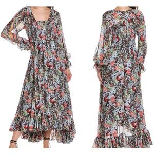Cinq à Sept NWT Leigh Floral Print Ruffle Maxi Dress Size 2 Smocked Slit Sleeve